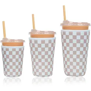 Reusable Insulated Neoprene Iced Coffee Cup Sleeve, Durable Drink Sleeve for Cold Beverages, Beverage Holder for Iced Coffee, Classic Checker