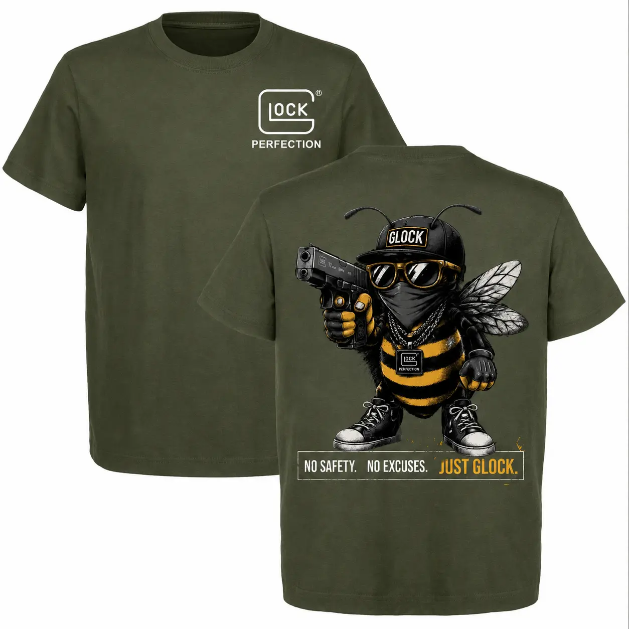 Glock Perfection Bee Graphic T-Shirt, No Safety No Excuses Just Glock, Tactical Gun Lover 2-Sided Tee, Graphic Tops