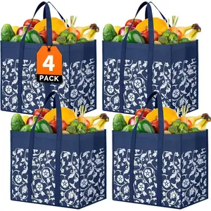 Mother's Day gift,Reusable Grocery Bags Foldable Tote Bags Bulk with Reinforced Handles Shopping Bags for Groceries Heavy Duty Kitchen Reusable Grocery Bags with Waterproof Coating 4-Pack, Blue
