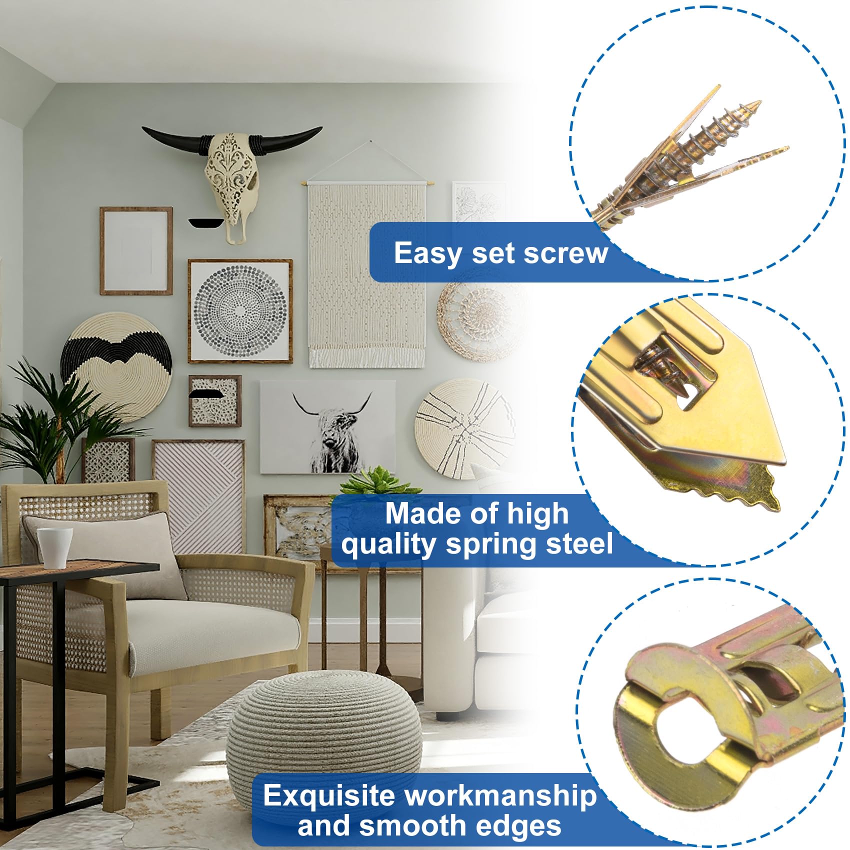 Upgraded 100 Pcs Self Drilling Drywall Anchors with Screws Kit, Zinc Plated Steel Sheetrock Anchors and Screws, No Drill Needed, Holds 66LB for TV, Shelf, Decor, Picture Frame Wall Mounting Self-Drilling Set