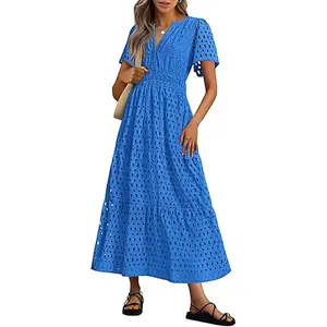 PrettyGarden Women’s V-Neck Maxi Dress | Boho Eyelet Long Dress | Flowy A-Line Summer Dress | Trendy Beach Outfit | Holiday Party Dress