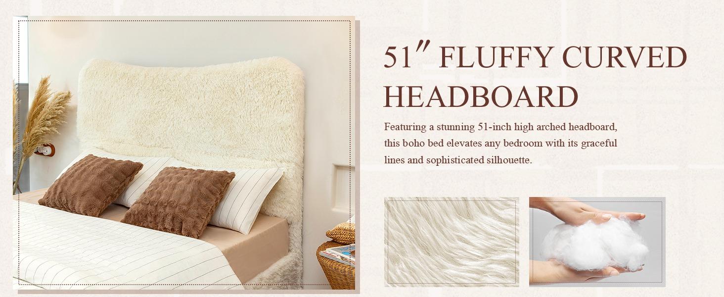 Yechen Bed Frame with Tall Headboard, Round Deluxe Soft Faux Fur Bedframe, Boho Boucle Cloud Upholstered Plush Bed with Metal Frame and Wood Slats, No Box Spring Required, Easy Assembly, (Beige, Grey) (Twin, Full, Queen)