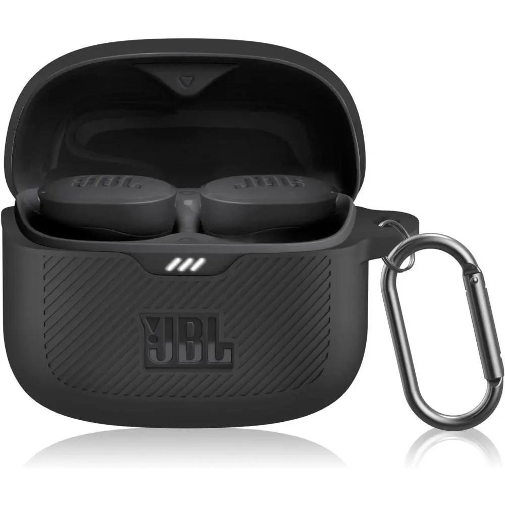 For JBL Tune Buds Case Cover, Soft Silicone Protective Earbuds Case Front LED Visible, Only Compatible with JBL Tune Buds, Headphones Case with Carabiner Accessories Set(Black)