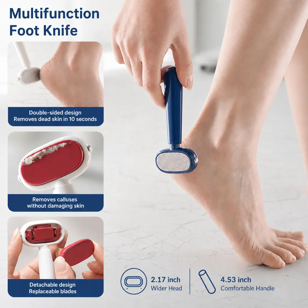 Dual‑Sided Foot Callus Remover, Replaceable Stainless Steel Blade Foot Scraper, Portable Manual Dead Skin Corn Remover, Safe Heels Exfoliator Pedicure Tool for Thick Hard Cracked Skin