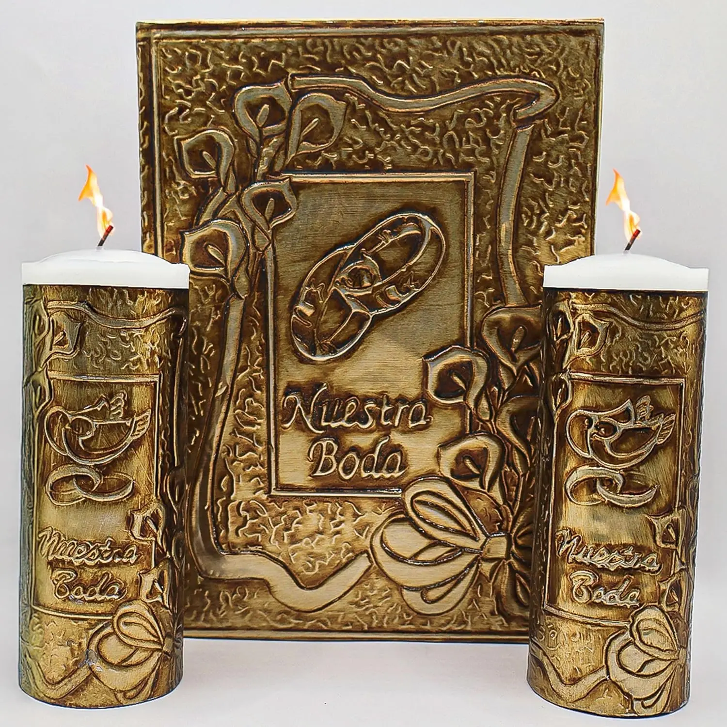 Nuestra Fe Unity Candles for Wedding Ceremony Set - Wedding Unity Candle Set - Burlap Unity Candle - velas para boda - Religious Candles - Cross Candle - Weddings Programs for Ceremony