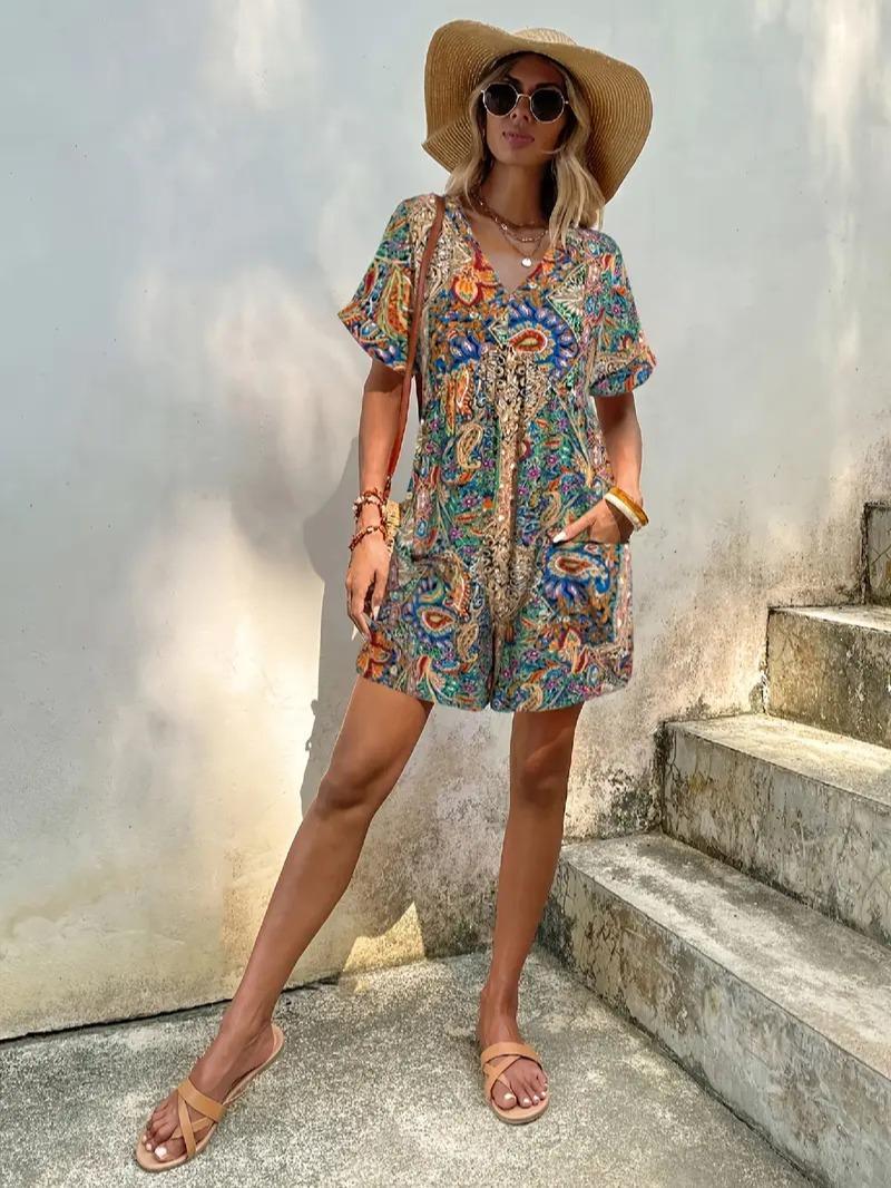Womens Boho Floral Print Romper V-Neck Short Sleeve Casual Jumpsuit with Pockets Summer Beach Vacation Outfit Lightweight Flowy Playsuit Bohemian Ethnic Pattern One-Piece Resort Wear Casual Daily Fashion Polyester Womens Boho Floral Print Romper V-Neck Short Sleeve Casual Jumpsuit with Pockets Summer Beach Vacation Outfit Lightweight Flowy Playsuit Bohemian Ethnic Pattern One-Piece Resort Wear Casual Daily Fashion Polyester