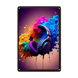 1pc Vivid Paint Splatter Headphones on Purple Background Art Metal Tin Sign - Rustic Iron Wall Art for Home, Office, Cafe, Bar, and Garage Decor - Easy to Hang, Versatile for Holiday and Seasonal Decorations