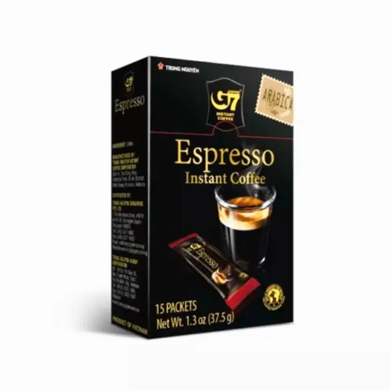 Trung Nguyen Legend G7 Instant Espresso Coffee - Chocolate-Flavored, Sugar-Sweetened 100% Arabica Blend Bean Beverage, 1.3 oz, Single Serve, Quick & Easy for Work, Hotel Room, Camping (Ethiopia-Sourced Beans)