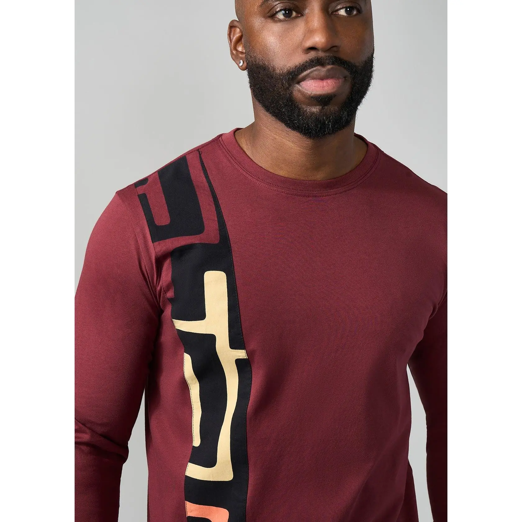 Simba Men's African Print Applique T-Shirt (Neutral Kuba Geometric)