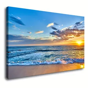 A canvas image print with frame, suitable for wall decoration, featuring a sea view sunset, blue sky beach, ocean scenery, ready to hang in the living room, bedroom, kitchen, office, etc