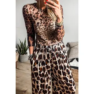 Brown Leopard Round Neck Long Sleeve Slim Top