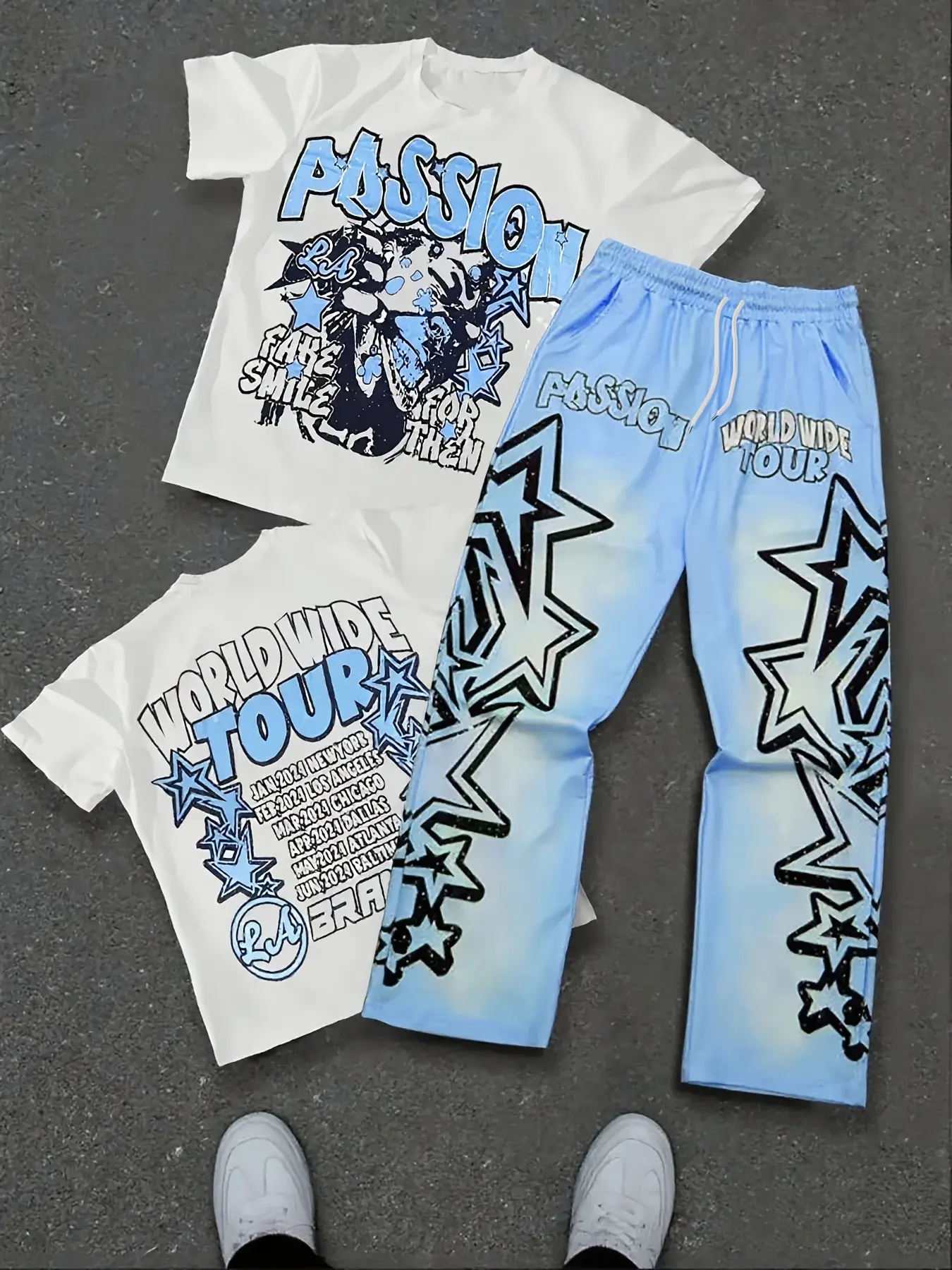 Men's Cool Blue-and-White Zebra-Print Curved-Leg Sweatpants + Oversized T-Shirt Streetwear Set (Unisex)