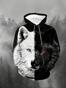 Men's 3D Wolf Long Sleeve hoodie, oversized fashionable Casual color-blocking hoodie, Sweatshirts for autumn and winter, men's wear