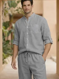 Men's Stylish Casual Sports Light Business Long Sleeve Shirt and Pants Set, High-End Linen Material for Spring & Fall, Perfect for Indoor and Outdoor Activities