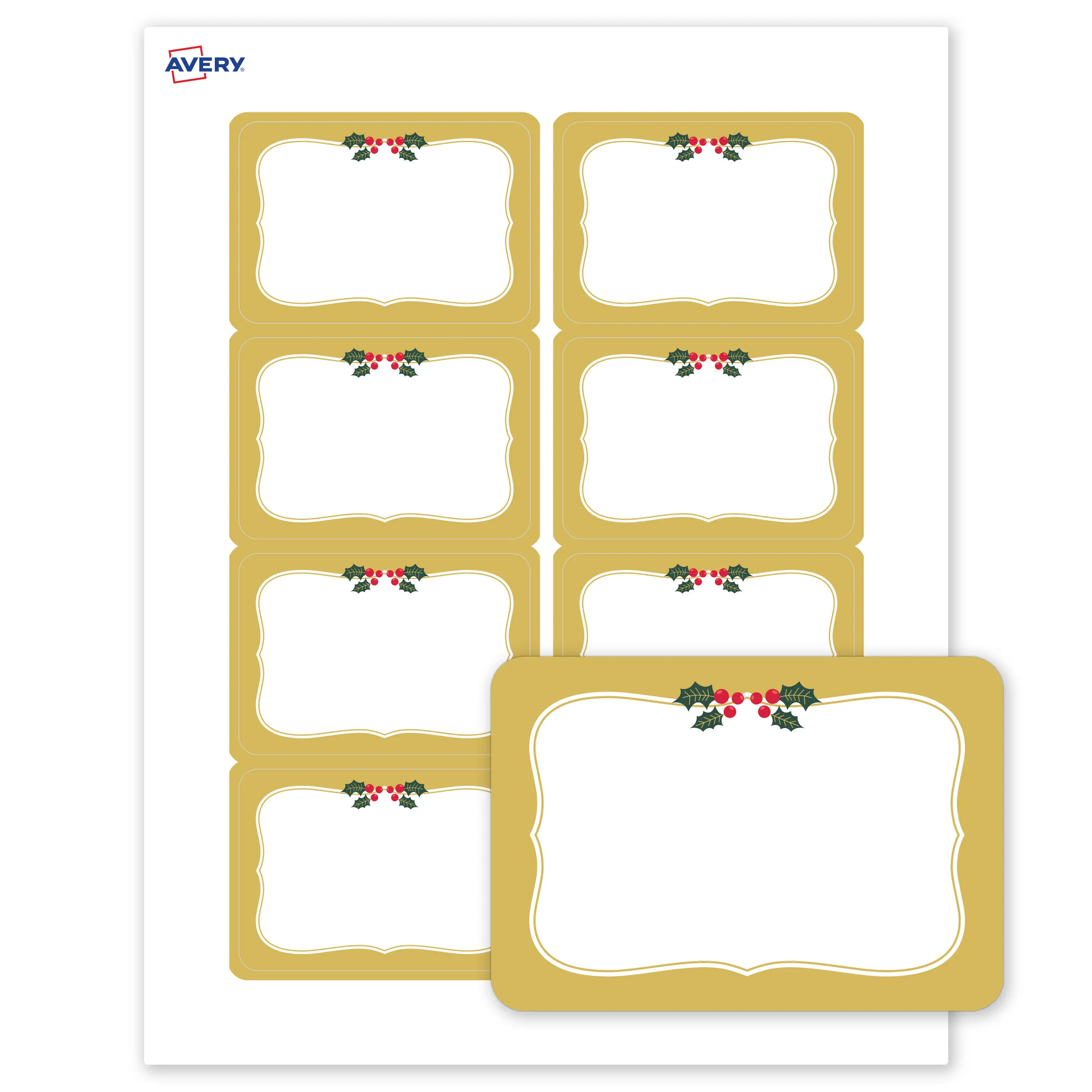 Avery® Printable Christmas Adhesive Name Tags, 2-1/3" x 3-3/8", Matte White, Pre-printed Metallic Gold Frame/Holly Berries Design, Laser & Inkjet Compatible, 160 Total