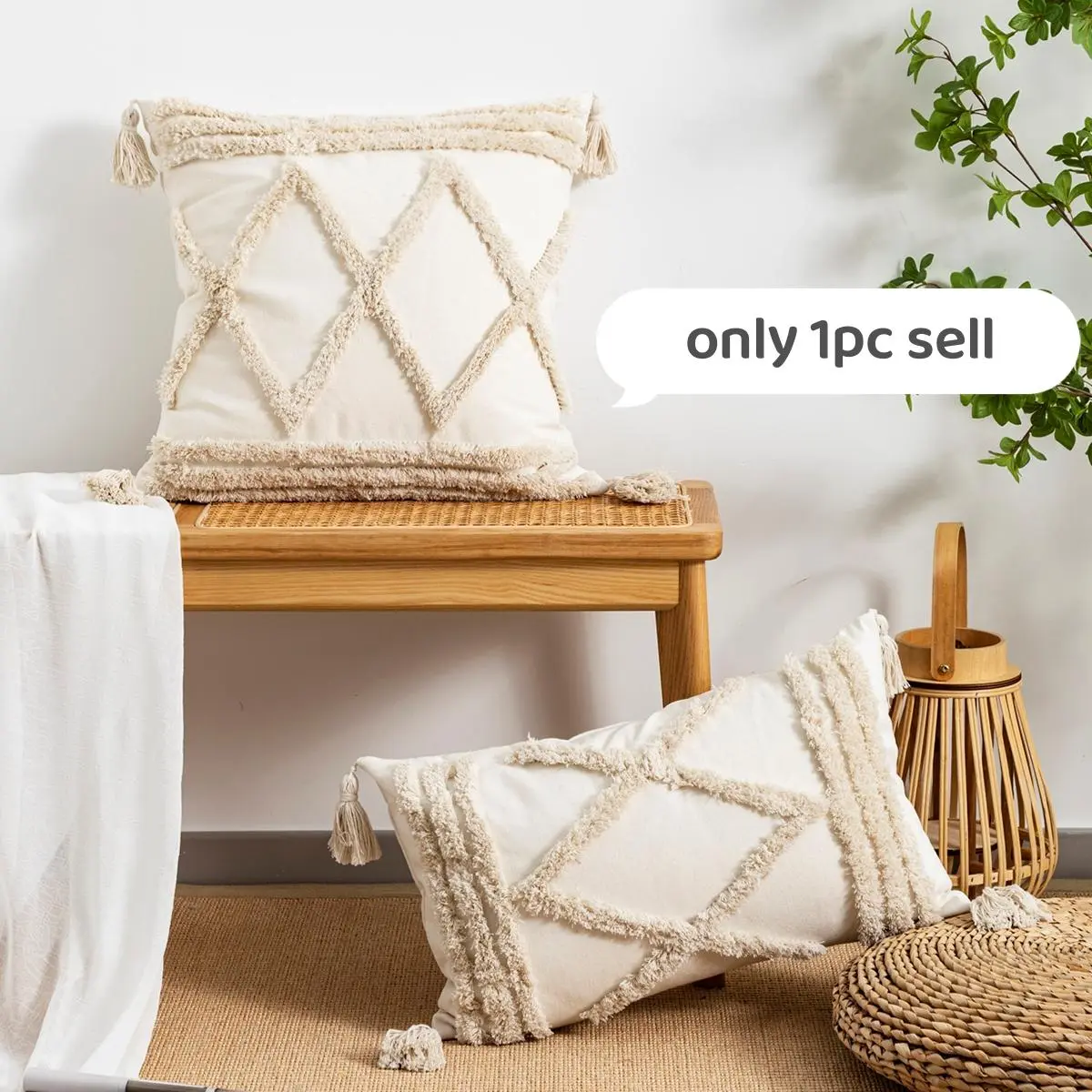 Boho Style Throw Pillow Cover Without Filler, 1 Count Cushion Cover With Tassel Decor, Tufted Throw Pillowcase For Room Decor, Home Textile, Bedroom Decorative Accessories