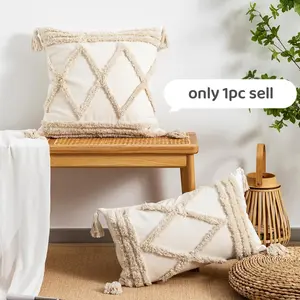 Boho Style Throw Pillow Cover Without Filler, 1 Count Cushion Cover With Tassel Decor, Tufted Throw Pillowcase For Room Decor