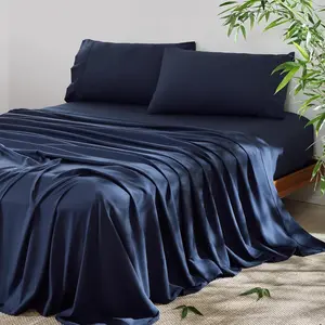 4 Queen Size Sheet - Cooling, Blend Rayon Derived from Bamboo,  Pillowcases, Silky Fit 16 inch Extra Deep Pocket, Oeko-Tex - Navy Blue
