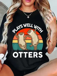 100% Cotton Unisex Vintage Plays Well With River Otters Boy Funny T-Shirt