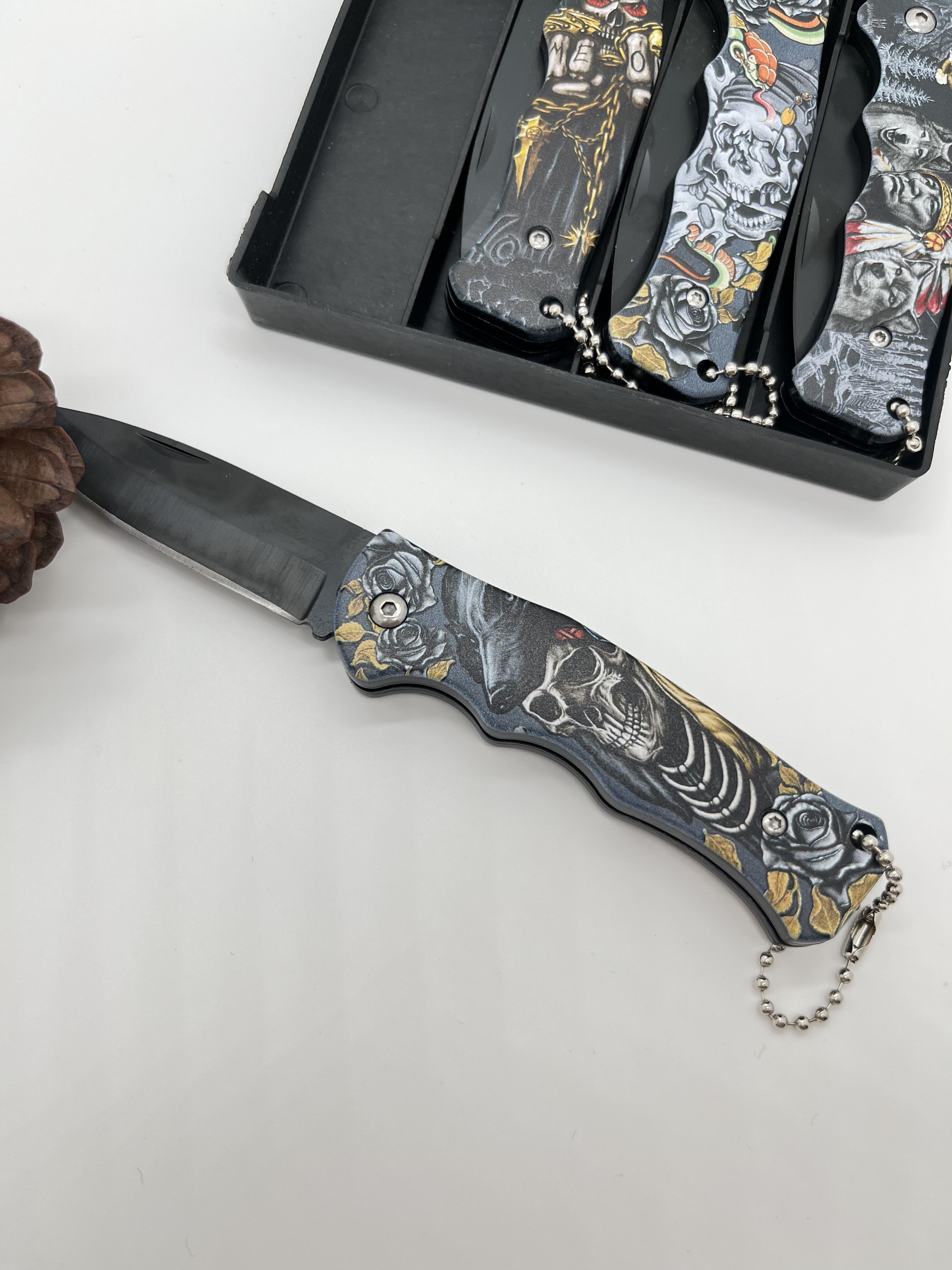 4PCS folding pocket knives, Mysterious skull design handle, for Outdoor Camping, Fishing, Hiking, Men's Gift