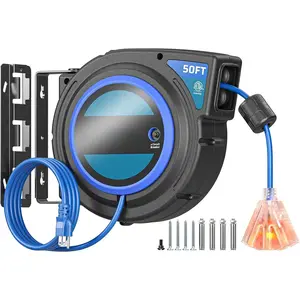 Retractable Extension Cord Reel, 50 FT 14/3C SJTOW Heavy Duty Power Cord with Lighted Triple Tap Outlet, 180? Swivel Bracket for Ceiling/Wall Mount, 13A Circuit Breaker, ETL Listed, Blue