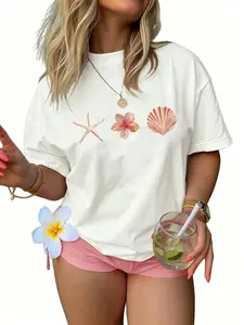 Women's Starfish and Shell Print Round Neck Short Sleeve T-Shirt, Summer Casual Fashion Top, Daily Wear Tee for All Seasons