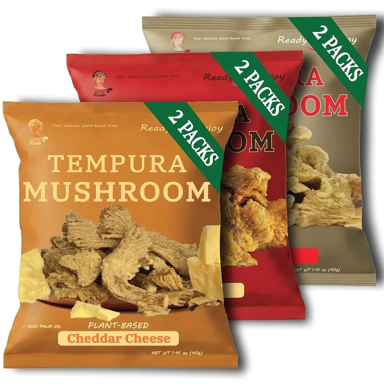 BITETUOSO Tempura Oyster Mushroom Chips, Non-GMO, Asian Crunchy Chips, Vegan, Plant-Based Original, BBQ, Plant-Based Cheddar Cheese Flavor (1.41 oz, 6-Pack), Individually Wrapped Snack Pack