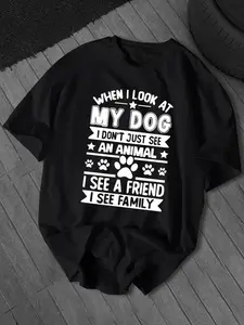 Men's 100 Cotton Dog Friendly T-Shirt-When I Look at My Dog I See Friends and Family "Paw Print with Dog Breed Design Short Sleeve T-Shirt Soft Breathable Casual Shirt Perfect Gift for Pet Owners (Black White) Local Warehouse Shipping Men's Clothing Shirt