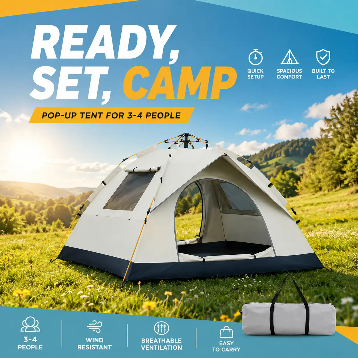 Outdoor Automatically Camping Tent,3-4 Person Camping Tent, Plug and Play Tent, Waterproof Family Camping Tent,with Rainfly, Easy Setup Dome Tent with Mesh Windows & Skylights, Lightweight Portable Tent for Outdoor Camping, Festivals & Backyard