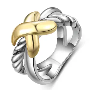 Mytys Butterfly Two-Tone Cross Rings Fashion Statement Ring X Chunky Vintage Twisted Cable Wire Hollow Ring Jewelry Gifts for Women Girl