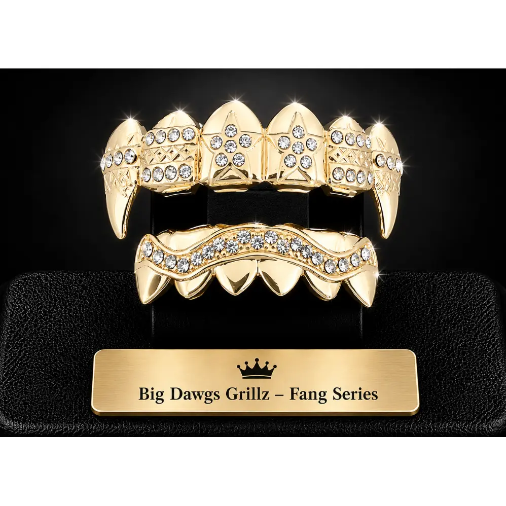 14K Gold Plated Upper & Lower Grillz Set Star Fangs