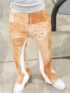 Men's Vintage Distressed Bell Bottom Pants, Classic Color Block Geometric Print Drawstring Sports Long Pants, 3D Soft Breathable Fabric, Casual All-Season Wear