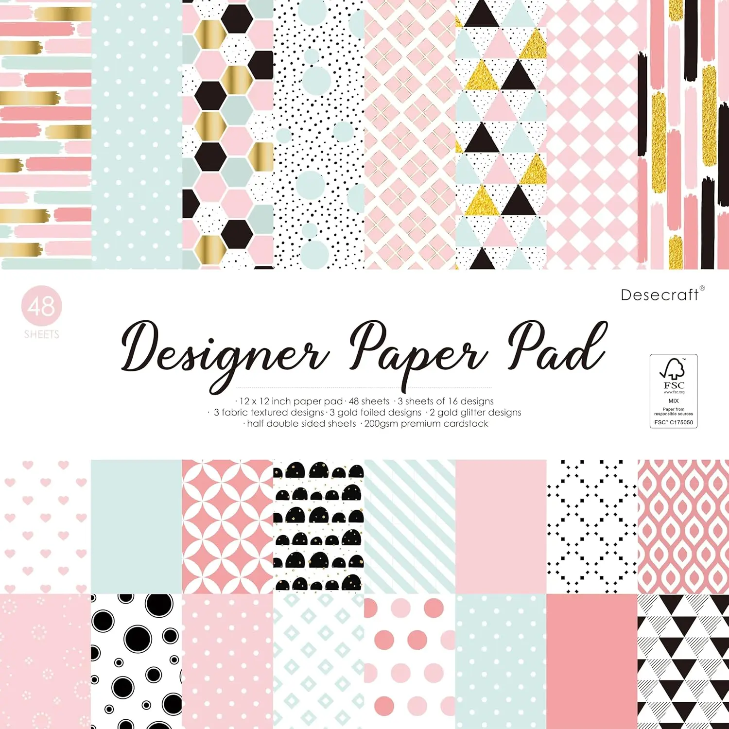 Desecraft 48 sheets 12x12 Scrapbooking Cardstock Decorative Paper Pack - Pink Collection - for Card Making Journaling Planner Origami Scrapbook Paper Scrapbook Materials Supplies