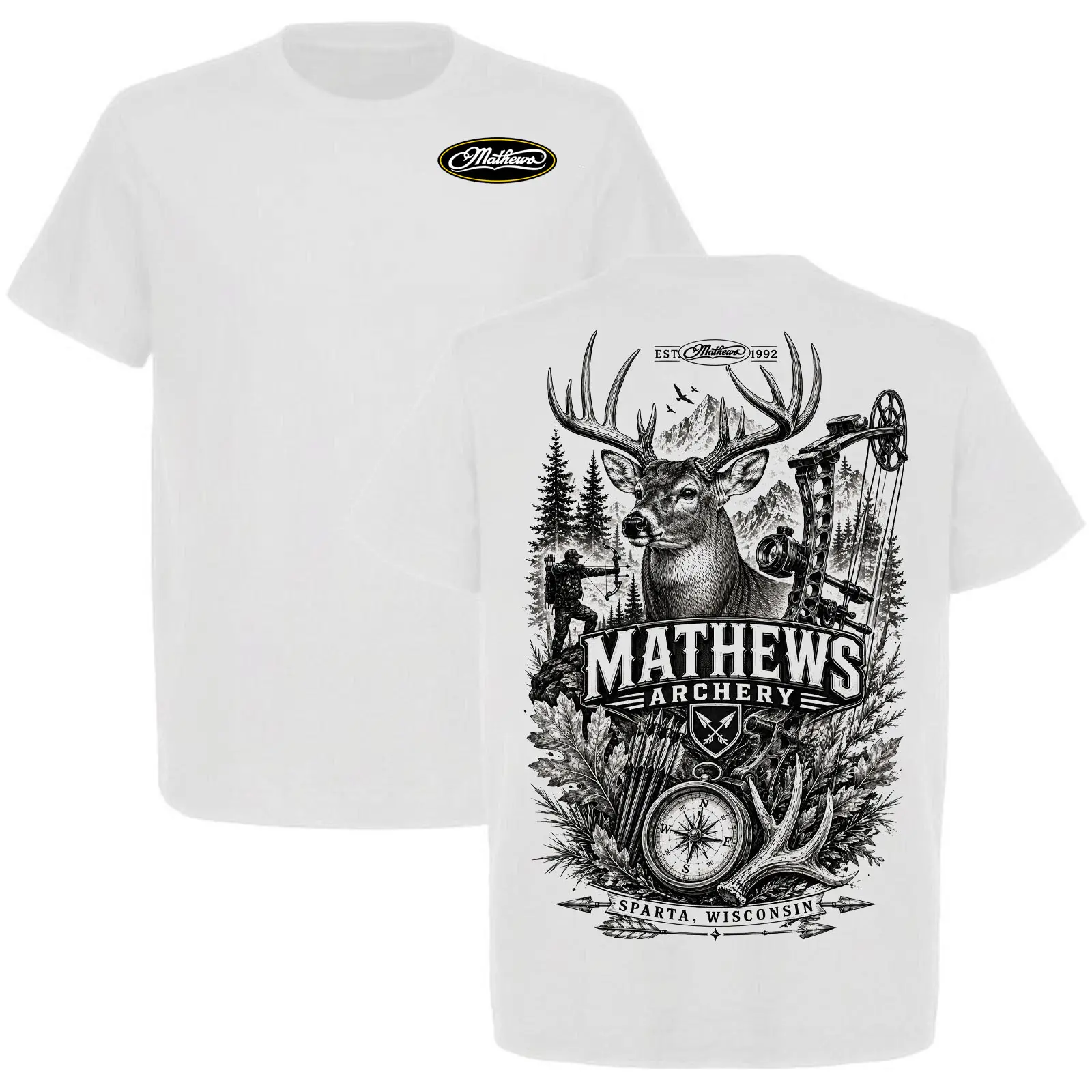 Mathews Archery Men's Elk Mountain T-Shirt - Rocky Mountain Stag Forest Graphic Tee | Mathews Archery EST 1992 Sparta Wisconsin Hunting Shirt