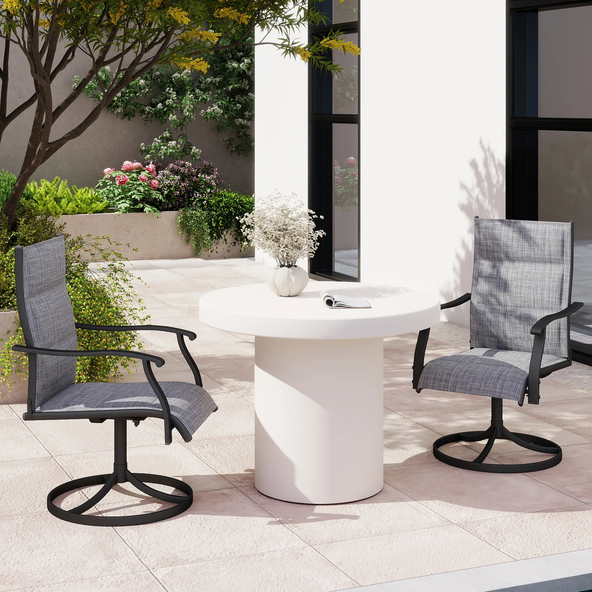 Sturdy Outdoor Patio Swivel Dining Chairs Set of 2 (Outdoor Furniture Sets), 360-Degree Swivel Ergonomic All-Weather Rocking Chairs with Padded Textilene Mesh Fabric, Rust-Proof Alloy Steel Frame, 400 Lb. Capacity, Grey, Assembly Required