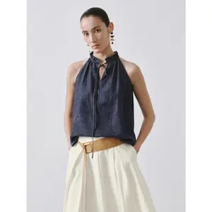 URBAN REVIVO 2026 Spring Women's Elegant Sleeveless Tank Top - Fitted Retro V-Neck, Tie Detail, Cotton-Polyester Fabric, Short Length, Elegant Sleeveless Top
