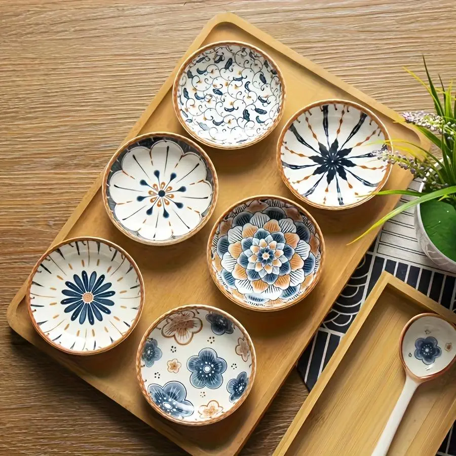 Boho Style Flower Pattern Ceramic Bowl Set, Including Bowl & 1 Count Holder, Household Bohemian Style Tableware for Home Kitchen Dining Room, Cereal Bowls Set