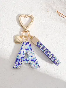 Cute Blue Clay Keychain with Rhinestone Letter Charm, Women's Bag Accessory, Car Key Chain, Heart Decoration Gift for Mom Friends, Bling Bling Keychains