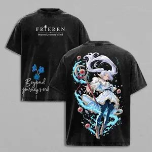 Frieren Beyond Journey's End Anime Graphic Tee Vintage Dark Acid Wash Oversized T-Shirt Unisex Streetwear Manga Clothes Double-Sided Elf Mage Apparel For Men Women Y2K Fantasy Top Otaku Gamer Gift Aesthetic Retro Shirt Trendy Japanese Anime Merch Menswear