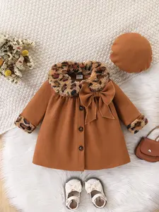 Vintage Leopard Print Doll Collar Wool Coat Set, Women Baby Long Jacket + Beret Hat Two Piece Set, Autumn Winter Fashion Ensemble, Outfit