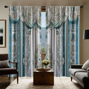 European Palace Luxury Curtains, Blue Gold Floral Fringe Decor, Long Vertical Textured Privacy Blinds, Living Room Elegance, Window Curtain