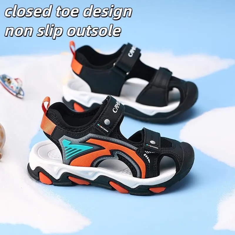 Boys' Closed Toe Round Toe Athletic Sandals - Toddlers & Kids Flat Heel (1 cm or Less) No Heel Jianmin Non-Slip Summer Beach Shoes for Outdoor Activities, Black/Orange, 11 Little Kid, 11-12 Years, Rubber