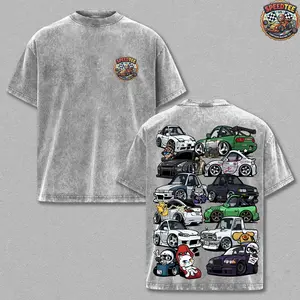 Ultimate JDM Cartoon Car Collection Graphic Tee | Oversized Acid Wash T-Shirt | Chibi Skyline Supra Miata Streetwear | Retro Y2K Heavy Cotton Racing Shirt for Men & Car Enthusiasts