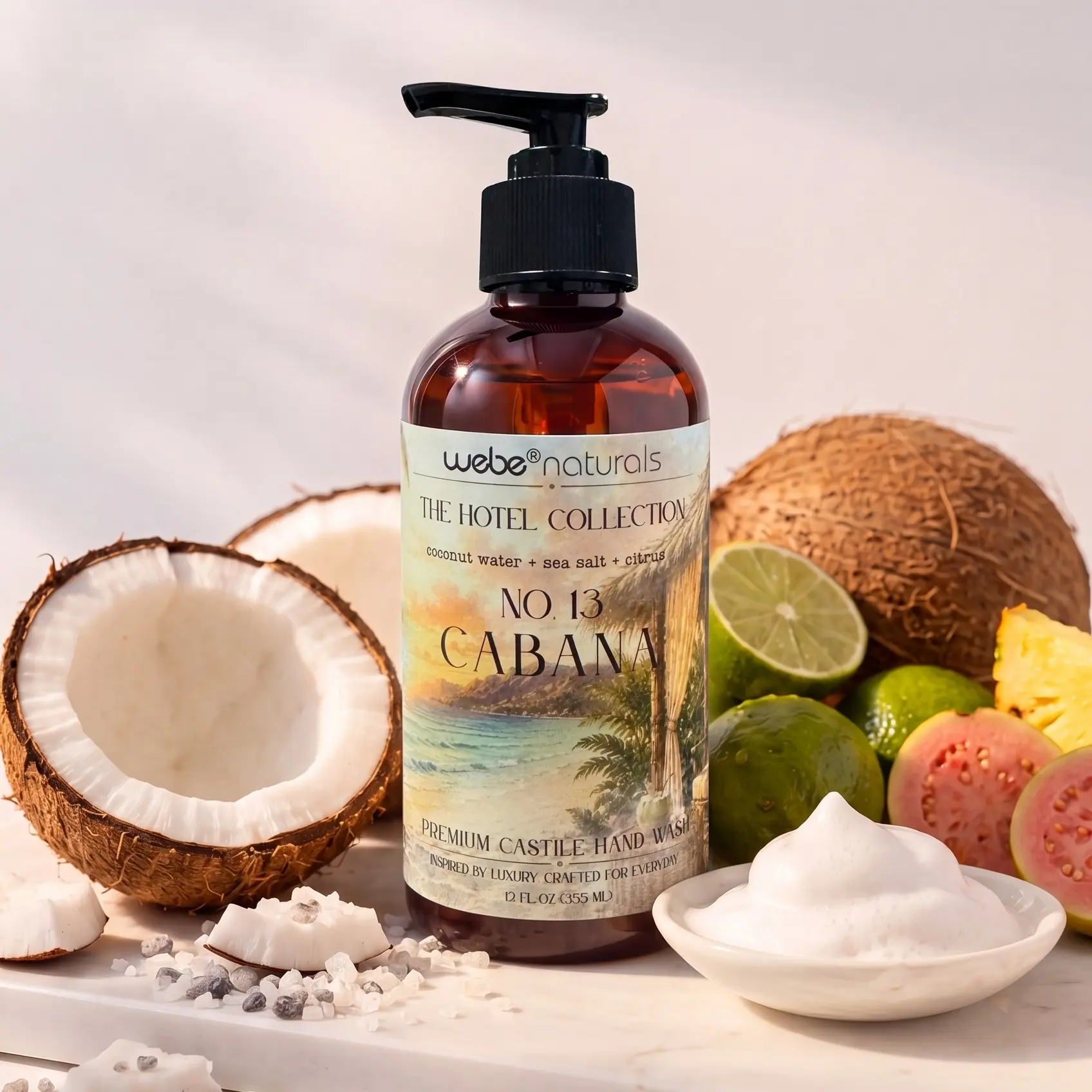 Webe Naturals Hotel Collection Cabana No.13 Premium Castile Hand Wash - Coconut Water, Sea Salt & Citrus Scent, Luxury Beauty & Personal Care Hand Cleanser Aroma Scented Fragrance Cleansing