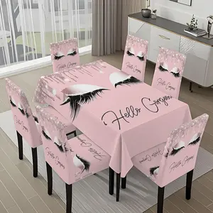5/7-piece 2D Flat Printing Pink and White Eyelash Decoration Printing Pattern Tablecloth and Chair Cover Set, for dining table and chair decoration, perfect for home, holiday gatherings, restaurants, and parties.