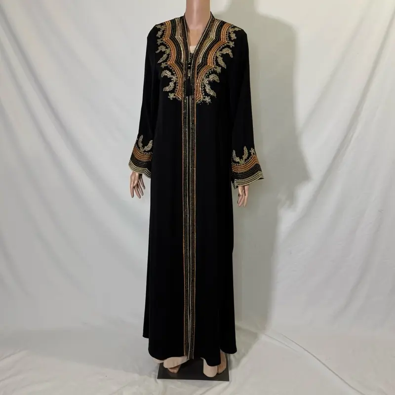 Black Embroidered Abaya with Rhinestone Design and Belt - Elegant Long Sleeve Dress with Decorative Patterns