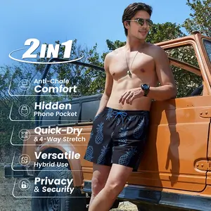 Surfcuz Swim Trunks with Compression Liner 5 Inch Bathing Suit Zipper Pockets Quick Dry Active Shorts