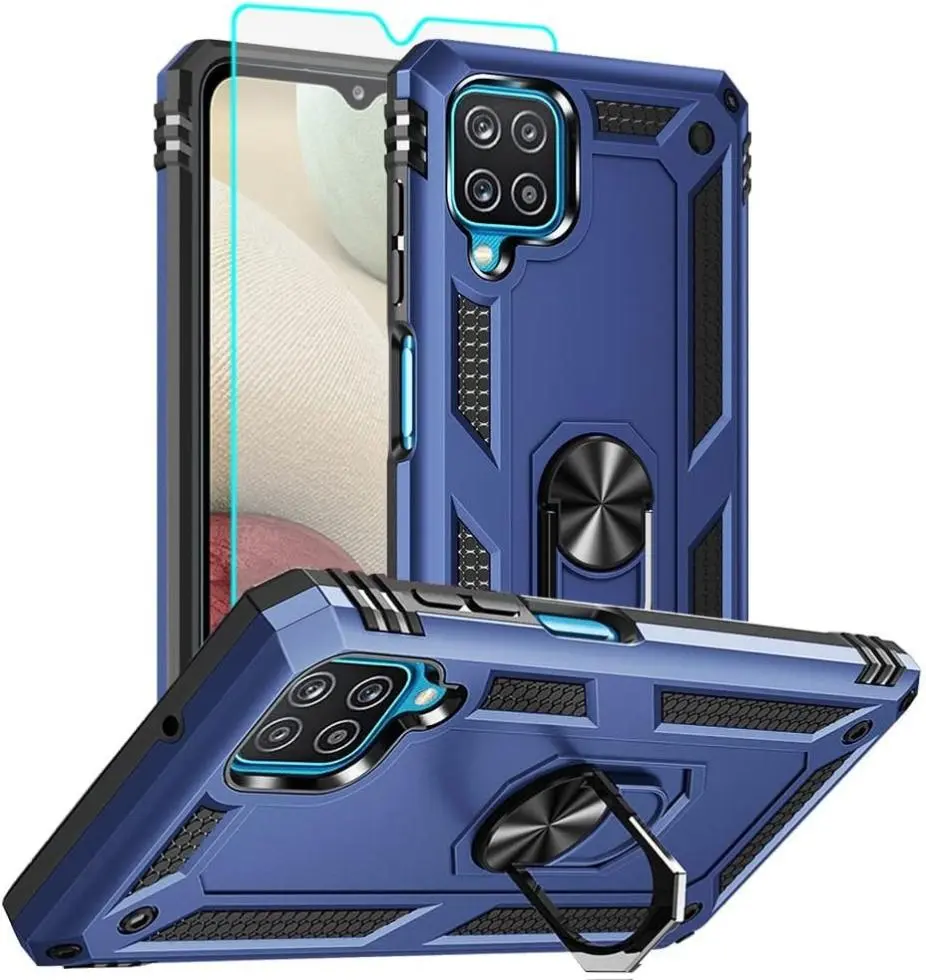 Samsung Galaxy A12 Phone Case with HD Screen Protector Military Grade 16ft Drop Tested Ring Shockproof Protective Case for Samsung Galaxy A12 Blue