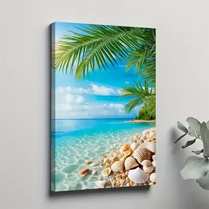1 piece of 2D exquisite canvas painting--sky, palm trees, shells, beach scenery, oil painting style poster, wall decoration, living room decorative painting, solid wood frame, size 11.81x 17.72inch, 2D flat design, perfect for room decoration