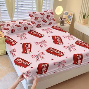 Vintage Soda Can Polka Dot Bow Fitted Sheet Set & 2 Pillowcases No Core, Pink Base Color, Classic Soda Can & Bowknot Heart Decor, Soft Non-Slip Wrinkle Resistant, Sweet Cool Retro Bedroom Decor Gift